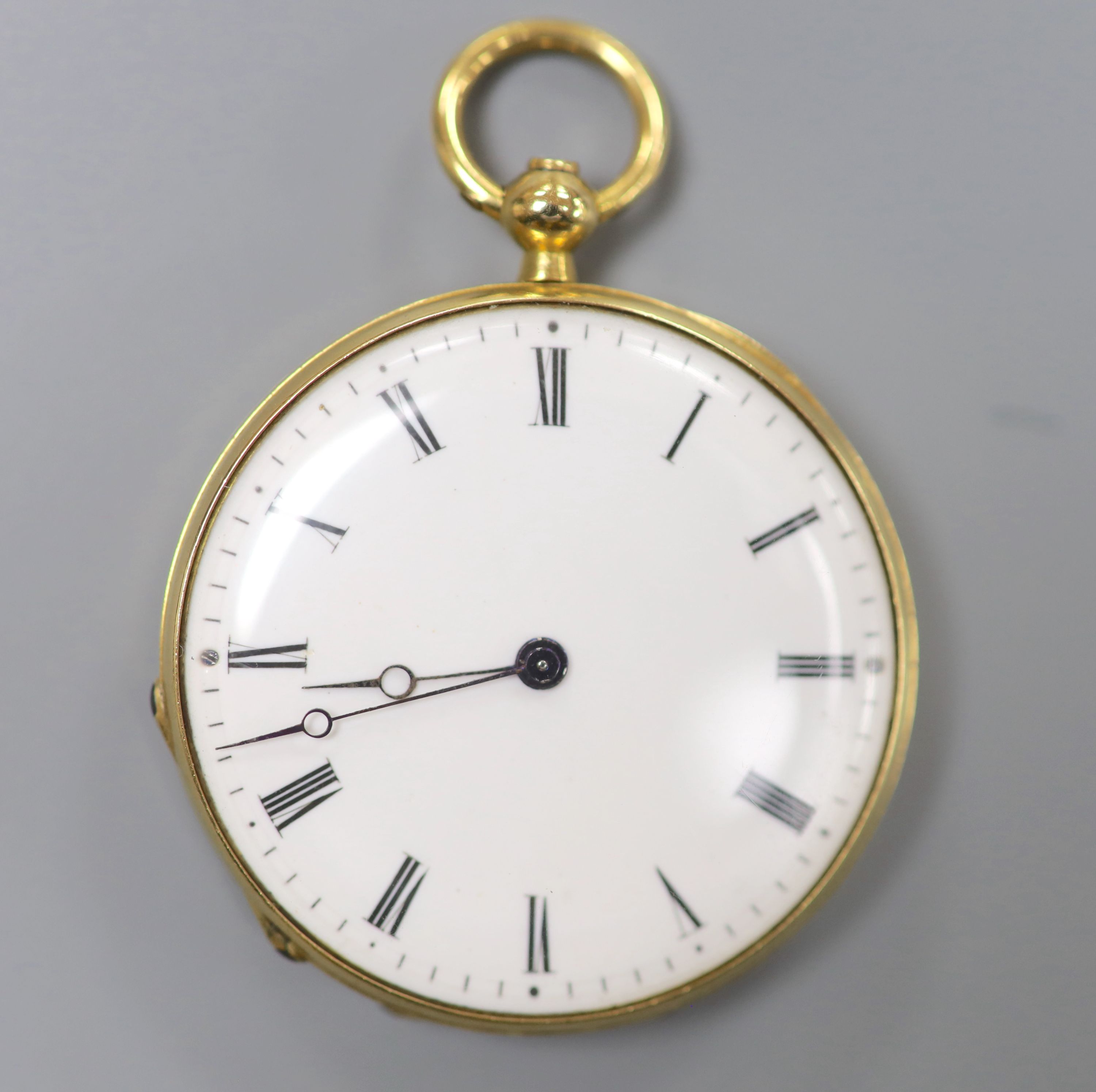 An early 20th century Swiss yellow metal, blue enamel and rose cut diamond set keywind fob watch,